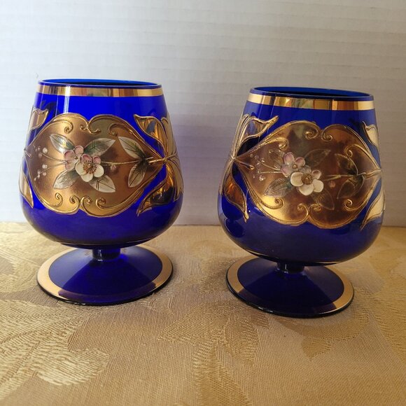Vintage Cobalt Blue Bohemian Crystal Czec Brandy Cognac Snifter Glasses-Set of 2